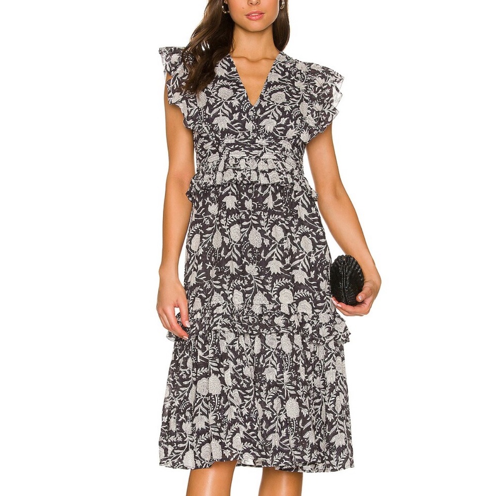 Cleobella Cherie Midi Dress in Navy Block Print Size Small